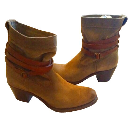 Frye Jane Strappy Short Boot • Gray Suede Leather w/Brown Leather Good condition - Picture 1 of 6